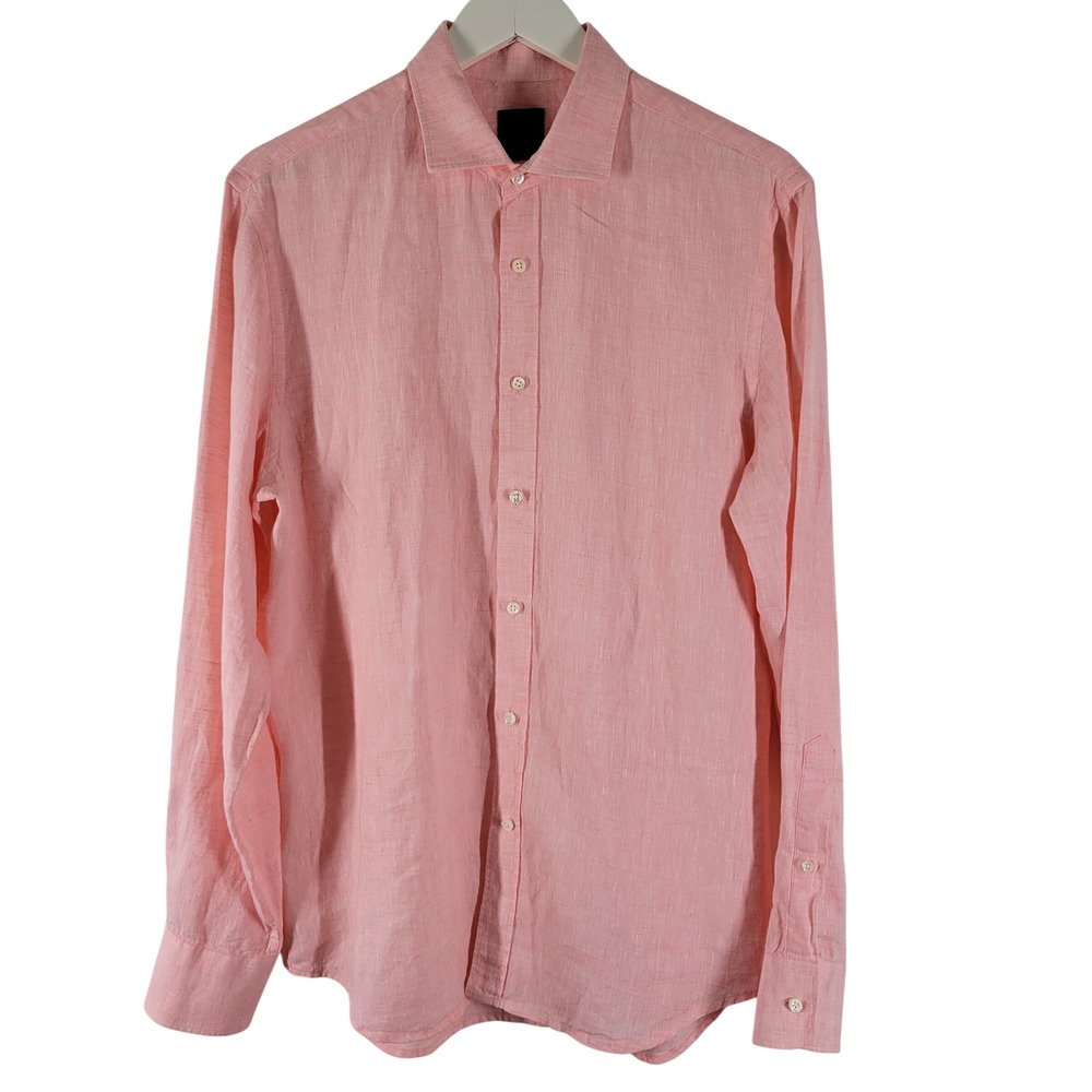 Kent and Curwen Mens Medium Linen Long‎ Sleeve Button Down Shirt Pink Peach